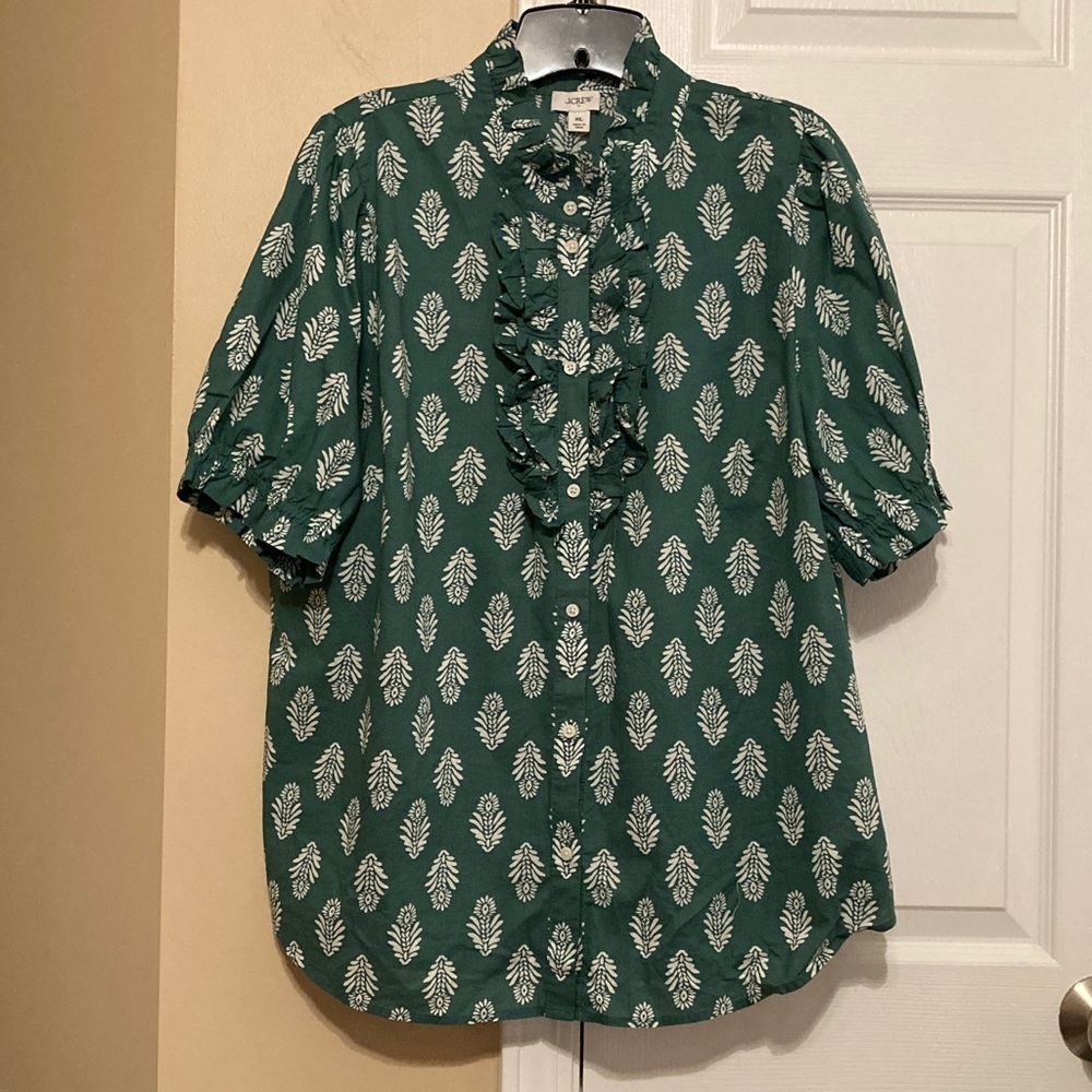 JCrew Factory printed ruffle placket blouse